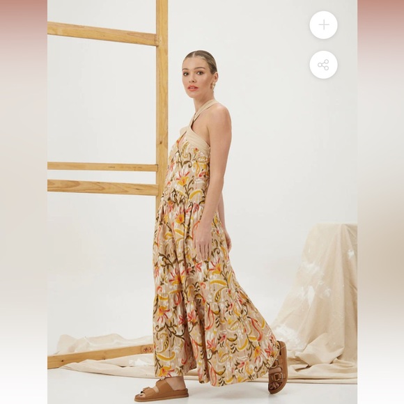 mon renn kindred tan print cut out halter neck linen blend tiered maxi dress new - Picture 3 of 8